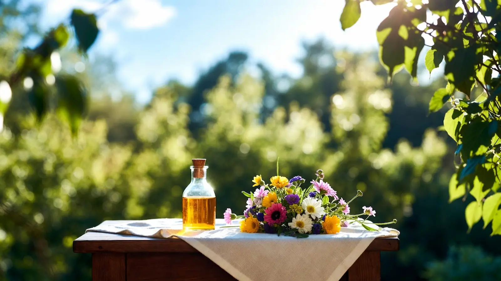 Flasche mit pflanzlichem Öl und frischen Blumen in natürlicher Umgebung