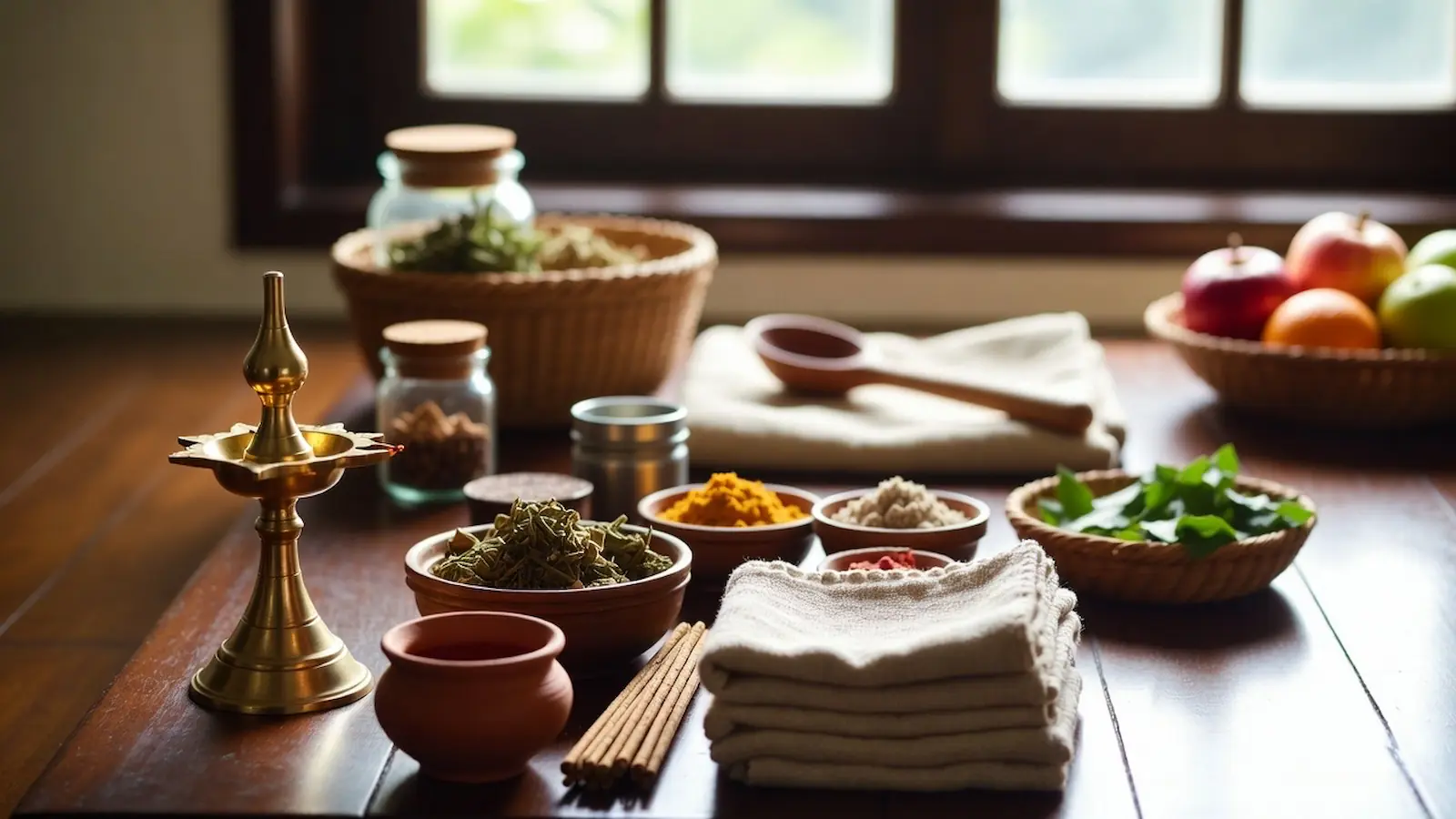 Ayurvedische Kräuter, Gewürze und Öle auf einem Tisch arrangiert