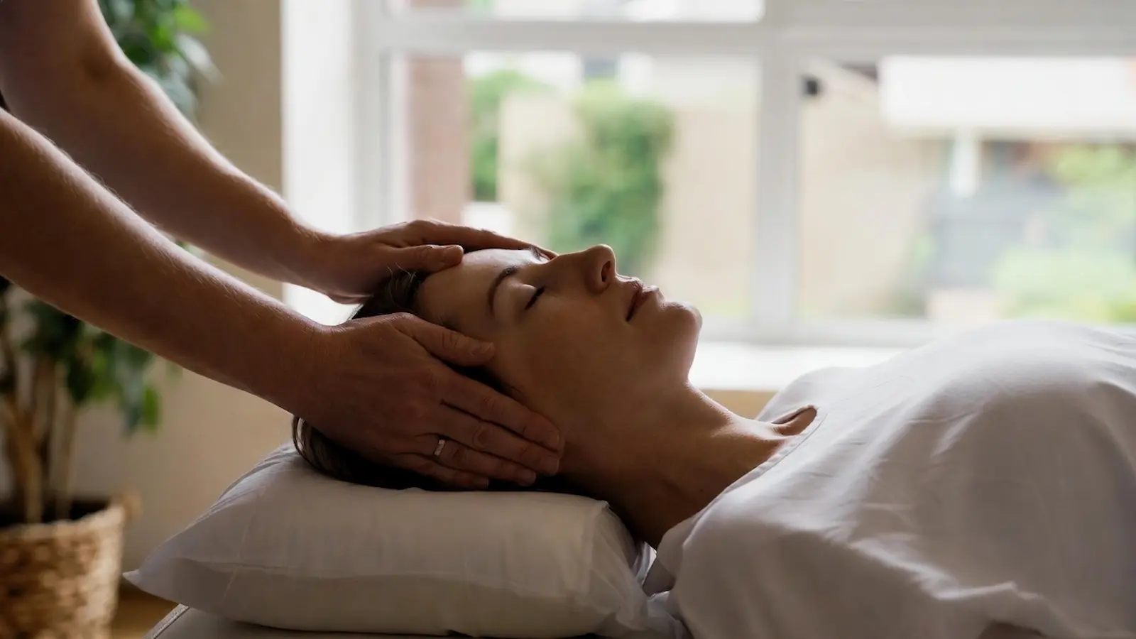 Cranioskrale Therapie Behandlung am Kopf eines Patienten in ruhiger Atmosphäre