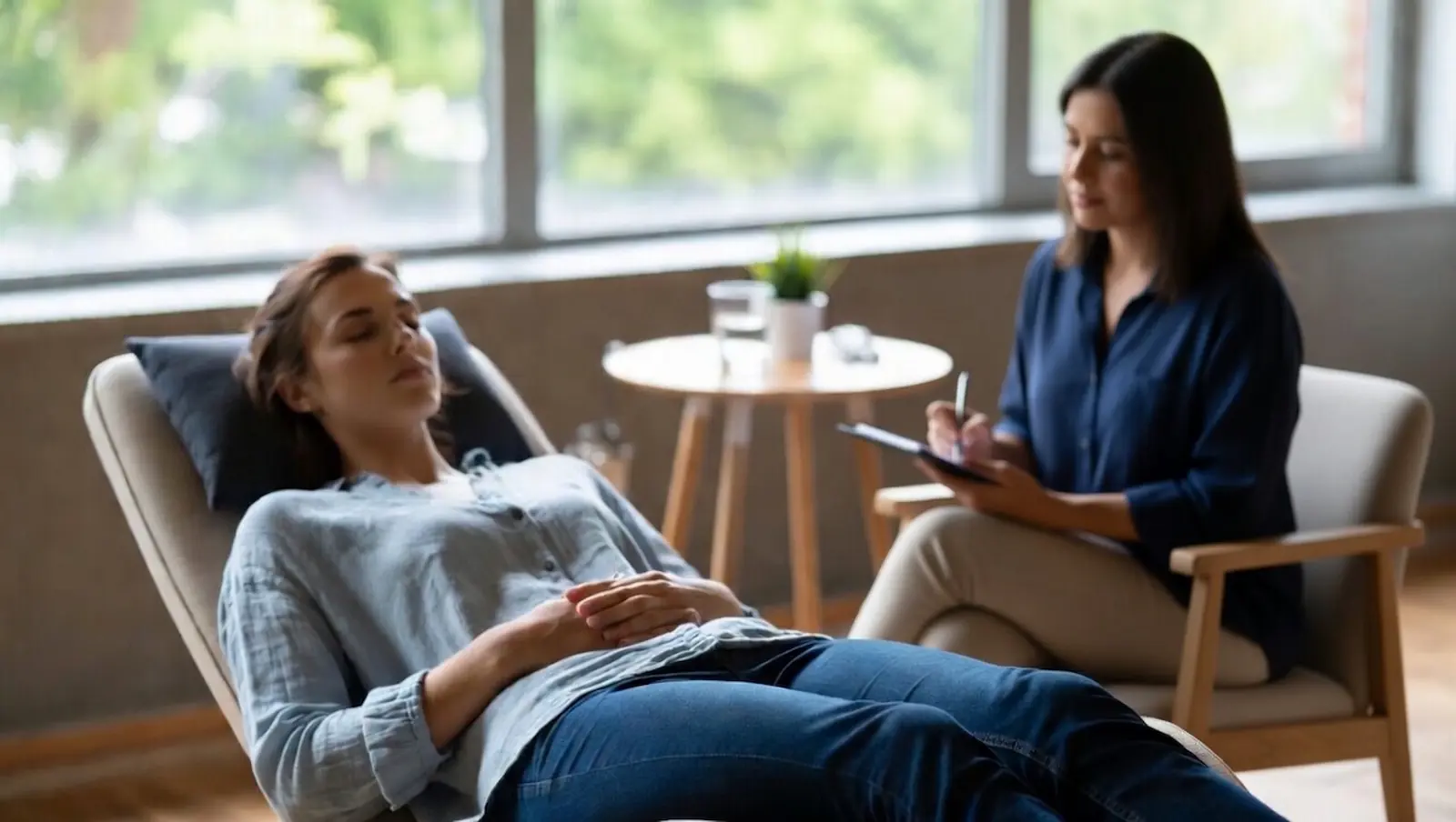 Hypnotherapiesitzung mit einer entspannten Patientin und einer Therapeutin im Gespräch